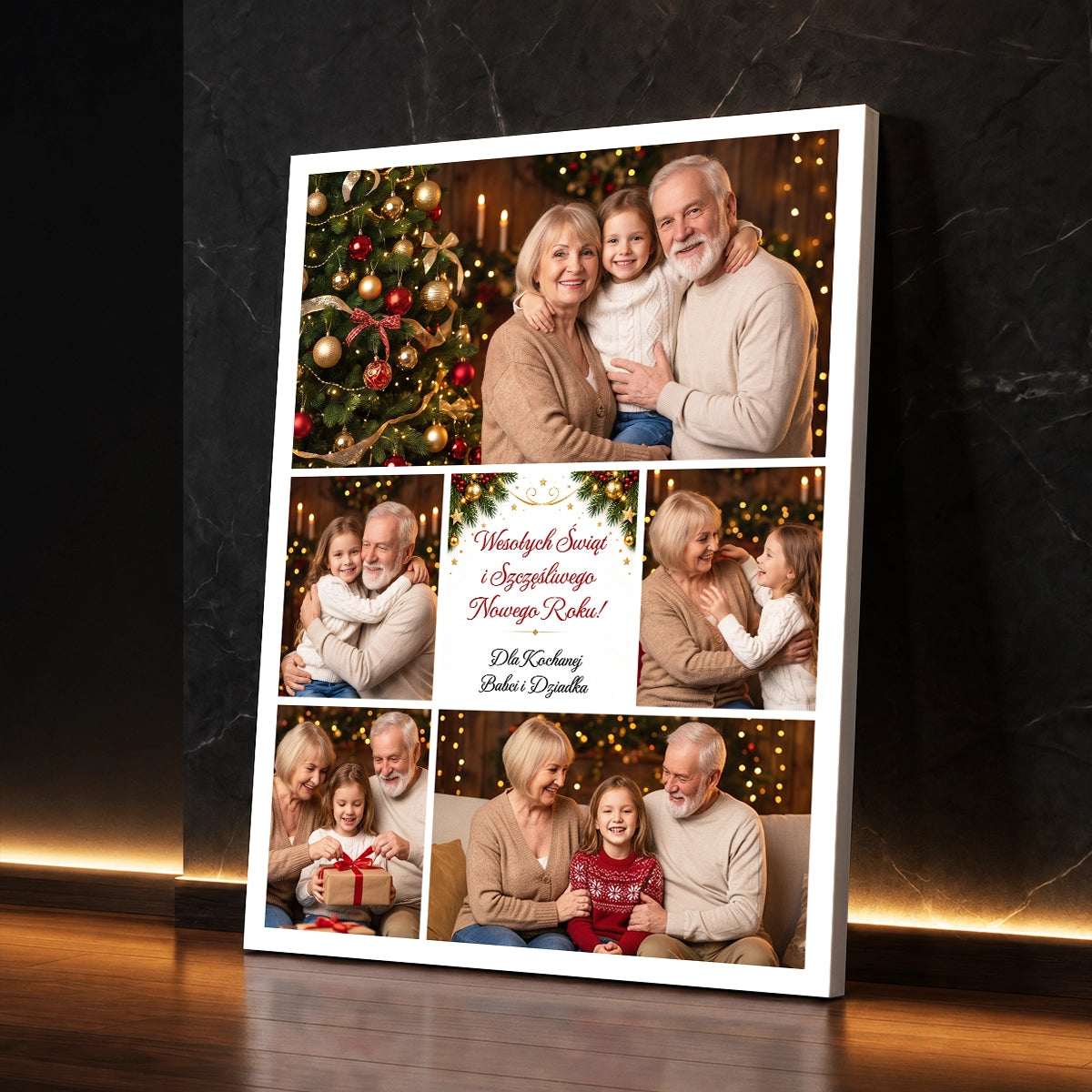 Personalizowany prezent dla dziadków na święta - fotokolaż na płótnie ze wspólnymi zimowymi zdjęciami i życzeniami