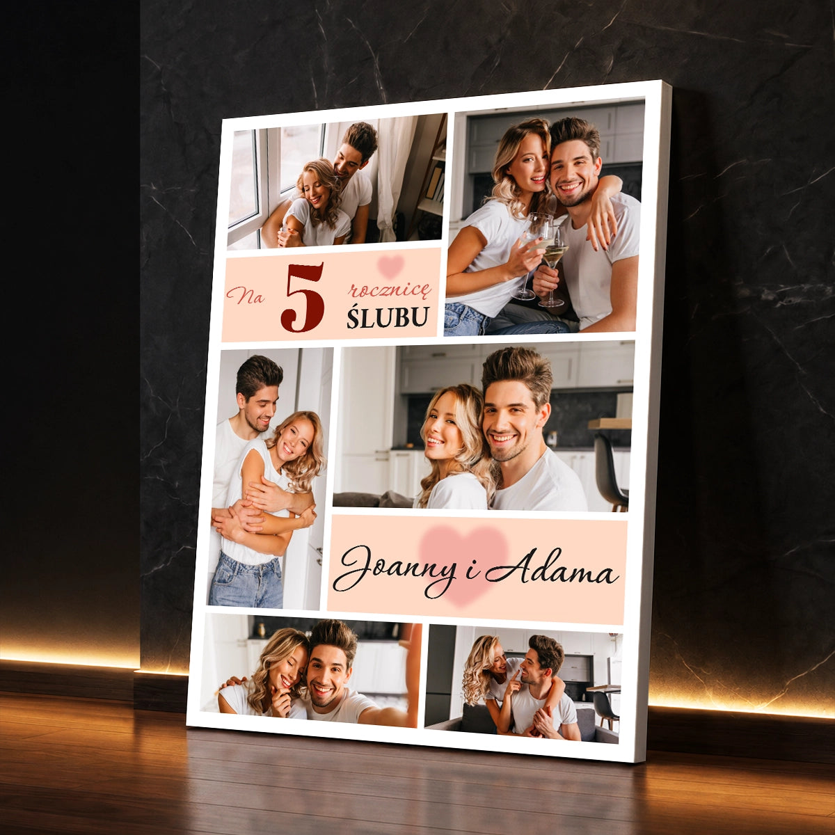 Kolaż zdjęć na płótnie dla pary na 5 rocznicę ślubu z romantycznymi fotografiami oraz personalizowanym podpisem