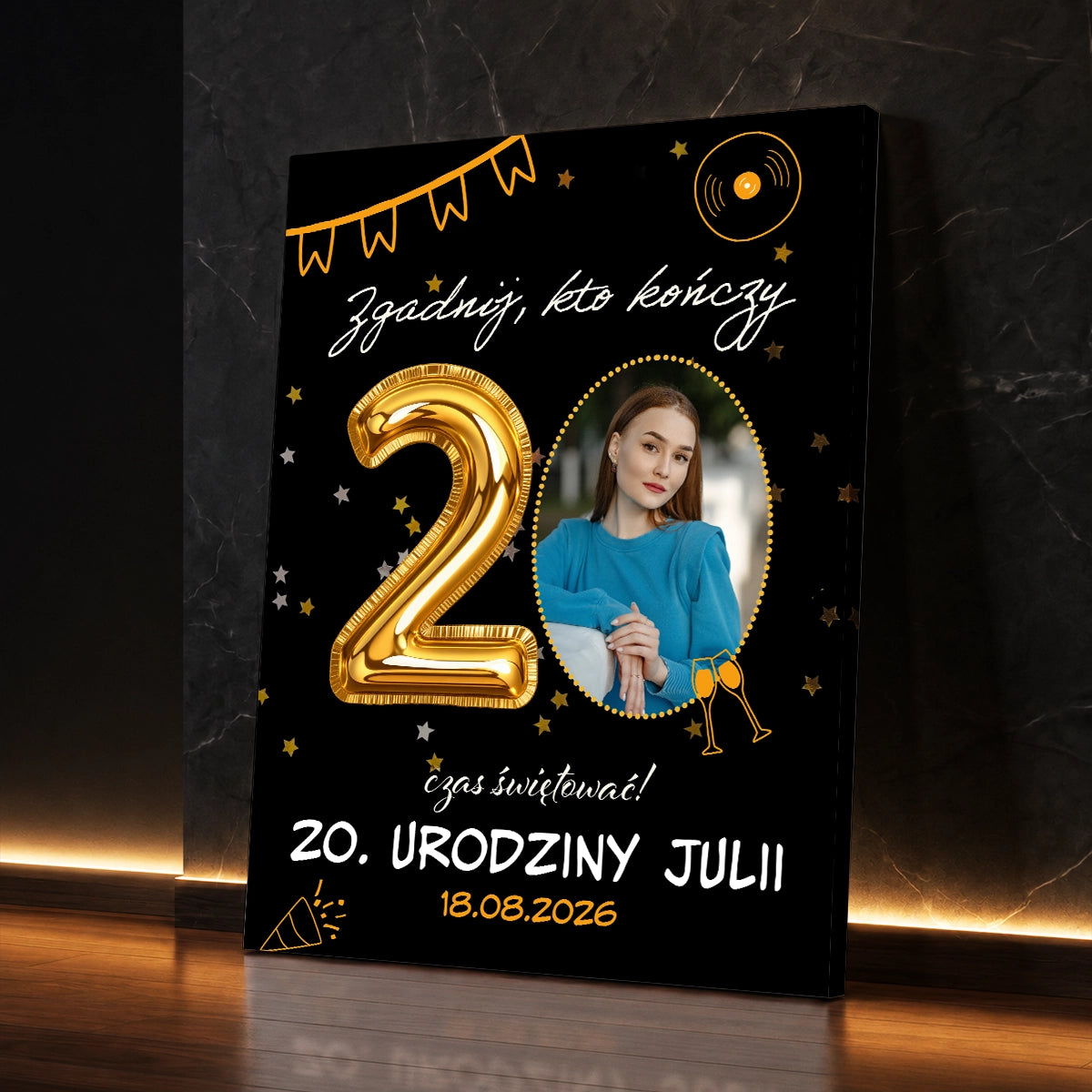 Personalizowany obraz na 20 urodziny ze zdjęciem, złotą liczbą 20, imieniem i datą – prezent dla niej lub dla niego