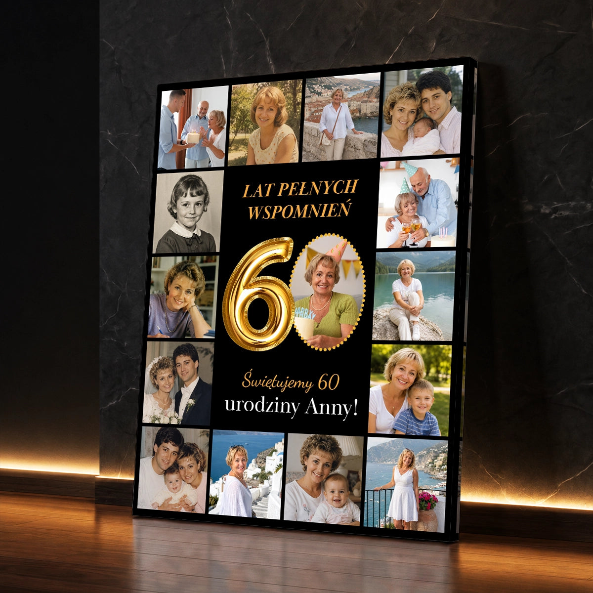 Kolaż ze zdjęć na 60 urodziny z liczbą 60 i fotografiami z różnych lat – personalizowany prezent na jubileusz
