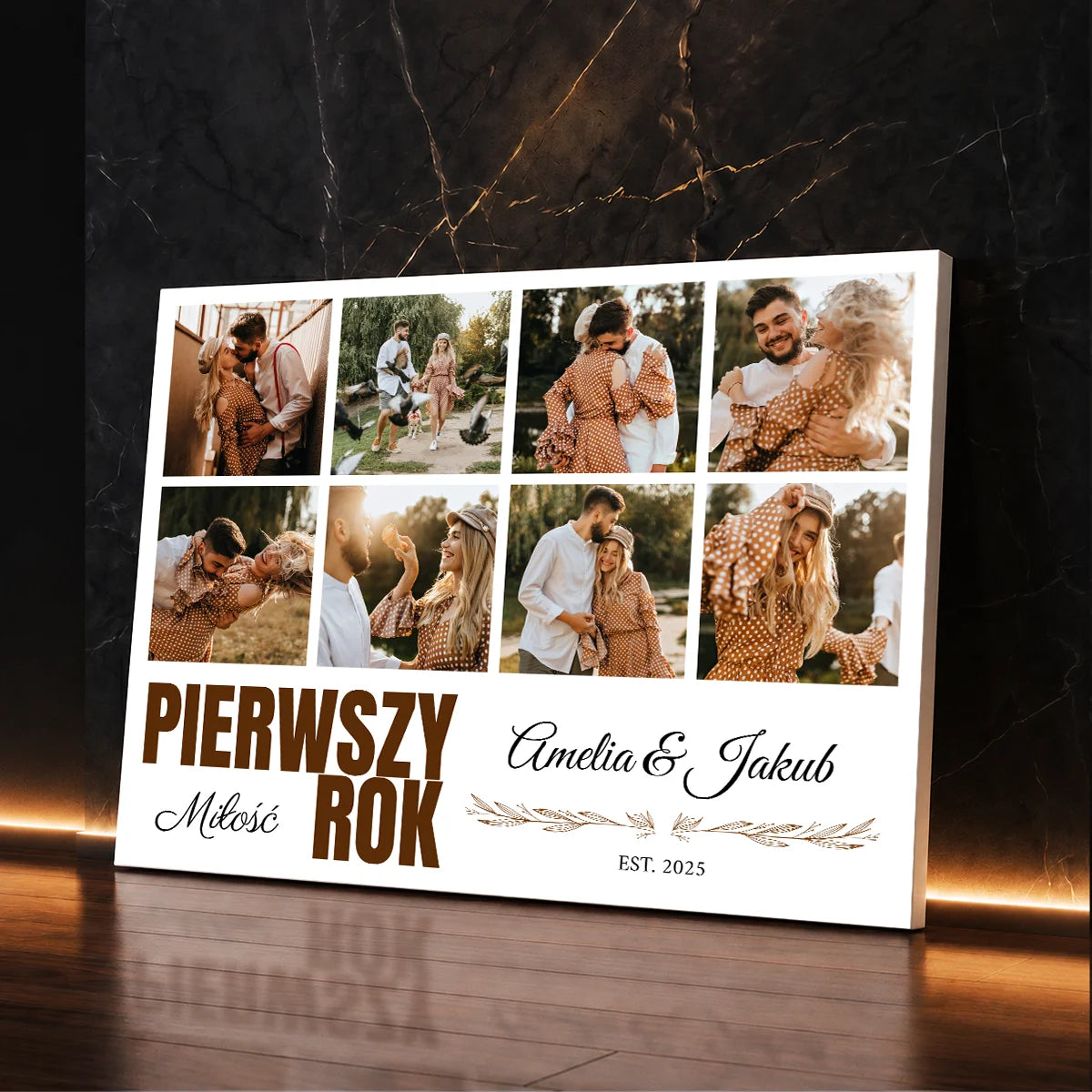 Personalizowany prezent dla pary na rocznicę – fotokolaż na płótnie z sześcioma zdjęciami zakochanych i własnym tekstem