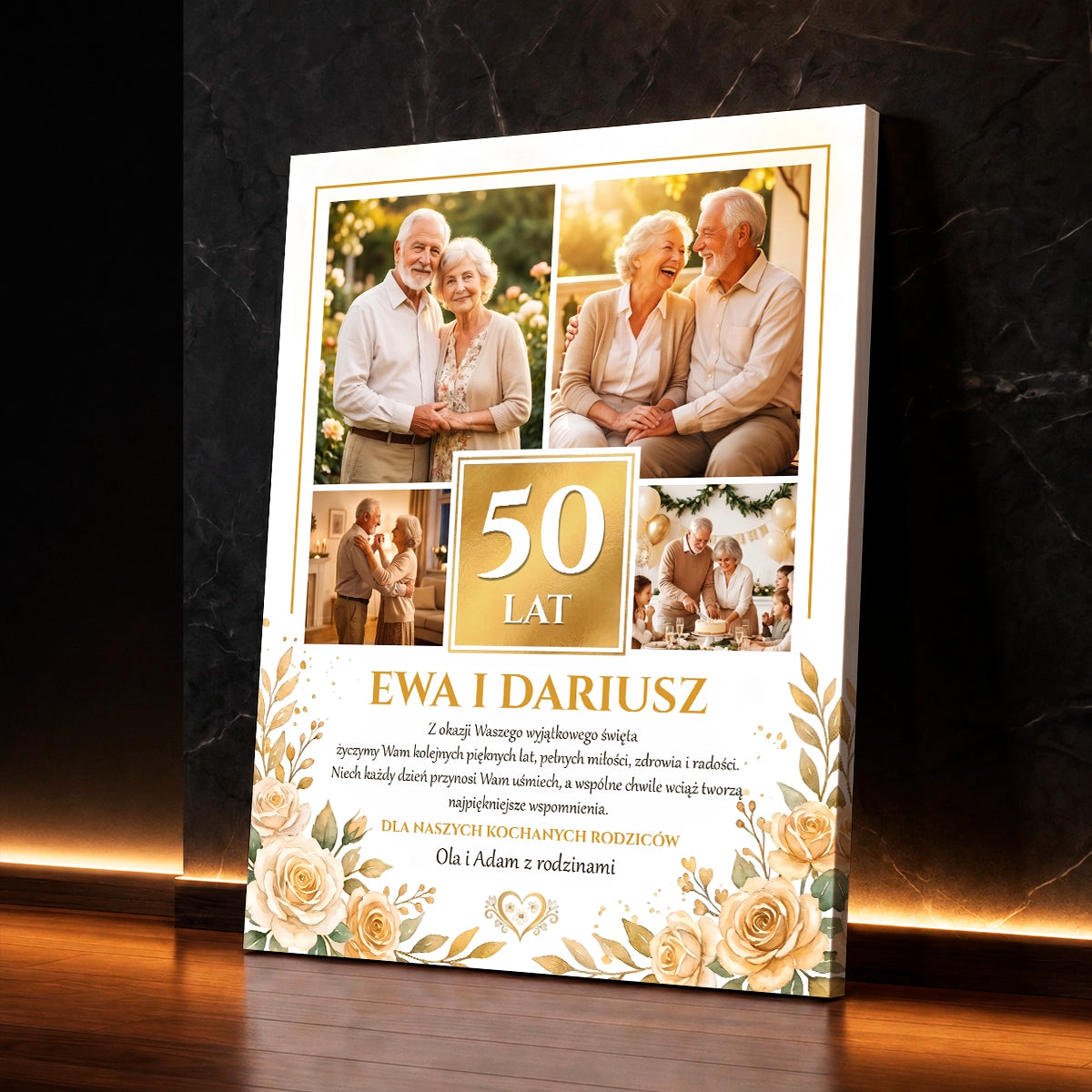 Kolaż na płótnie z fotografiami rodziców i cyfrą 50 – prezent na Złote Gody