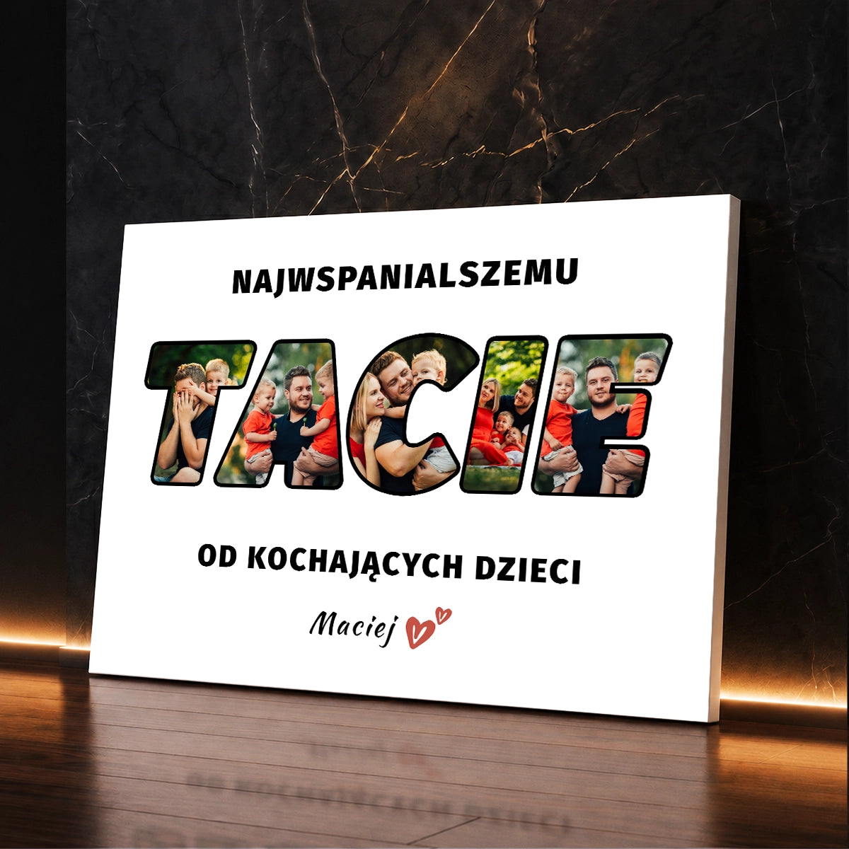 Personalizowany kolaż zdjęć na płótnie dla taty z fotografiami w napisie TATA i dedykacją od kochających dzieci