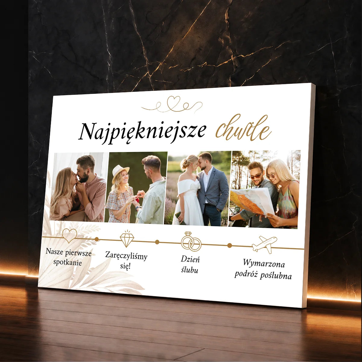 Kolaż zdjęć na płótnie dla pary prezentujący najważniejsze chwile związku od poznania po podróż poślubną