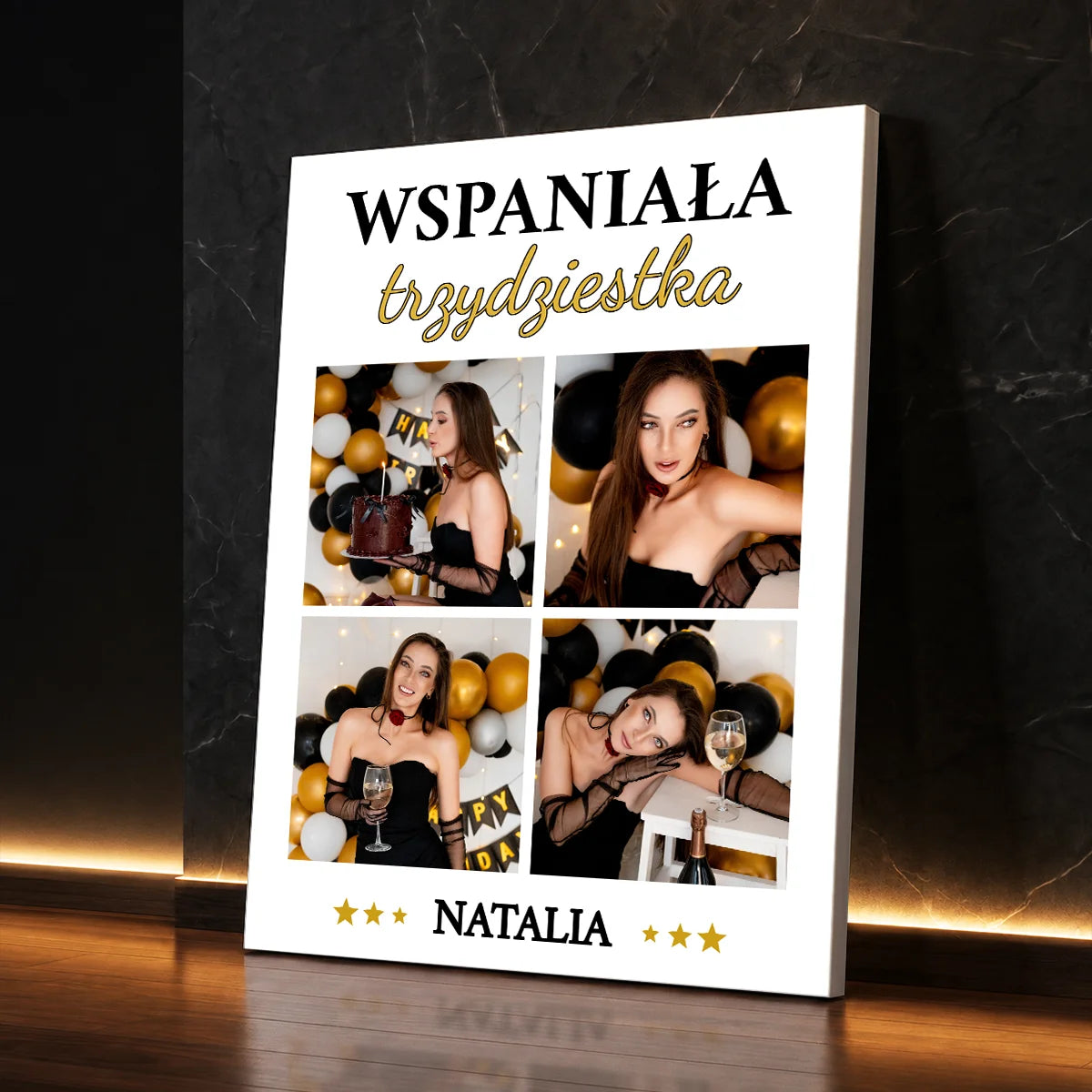 Personalizowany fotokolaż na płótnie ze zdjęciami i imieniem jubilantki – prezent na 30 urodziny dla kobiety