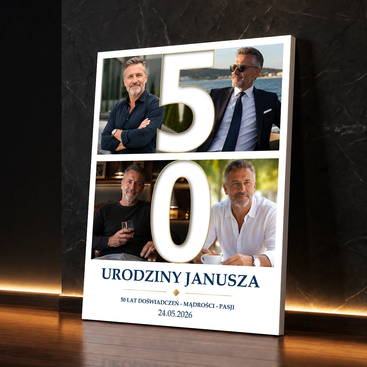 Personalizowany prezent dla mężczyzny na 50 urodziny - zdjęcie na płótnie przedstawiające cyfrę 50 wypełnioną fotografiami
