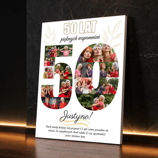 Personalizowany fotokolaż na płótnie ze zdjęciami i własnym tekstem – prezent na 50 urodziny dla kobiety