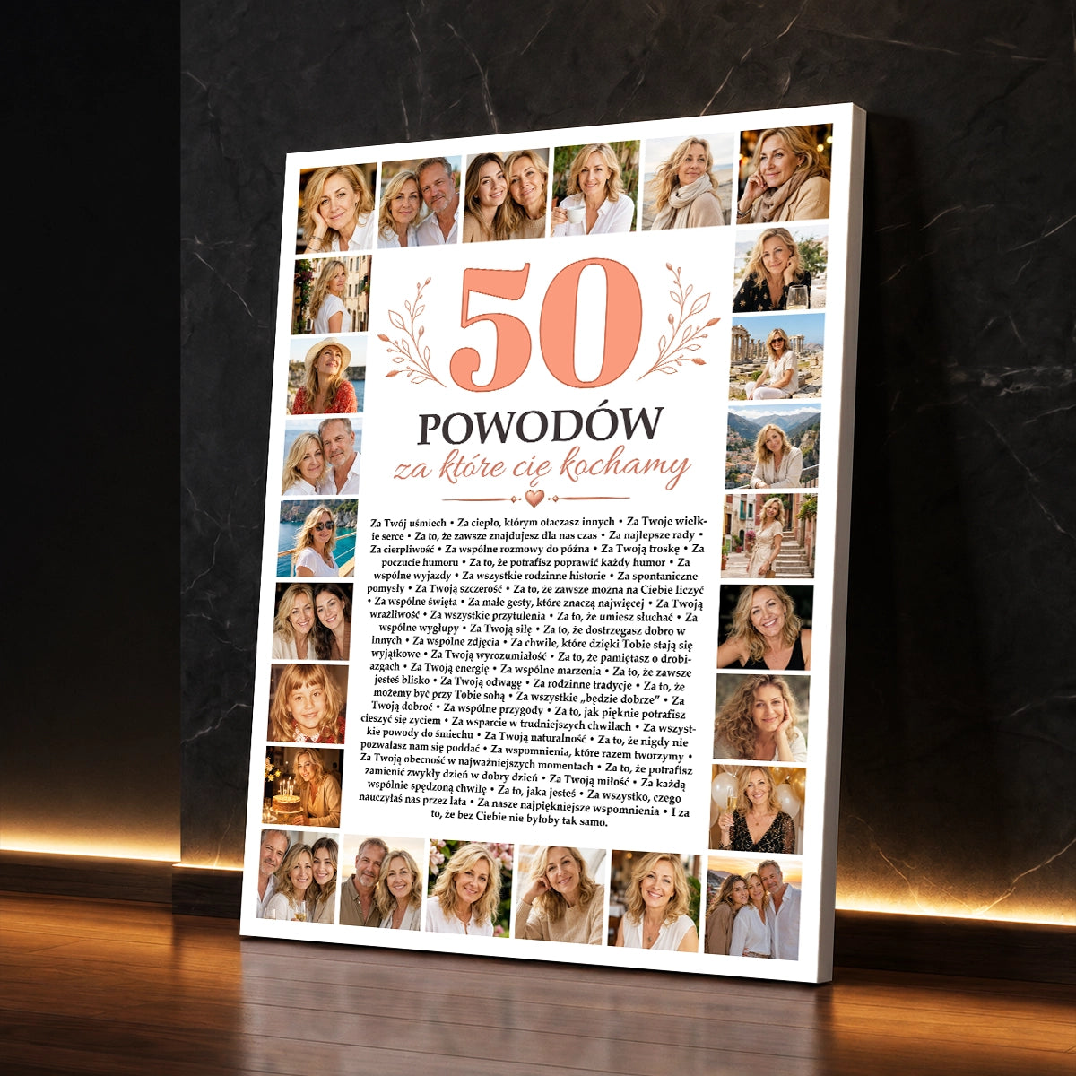Personalizowany prezent dla niej na 50 urodziny - kolaż na płótnie z rodzinnymi zdjęciami wokół listy 50 powodów, za które ją kochamy