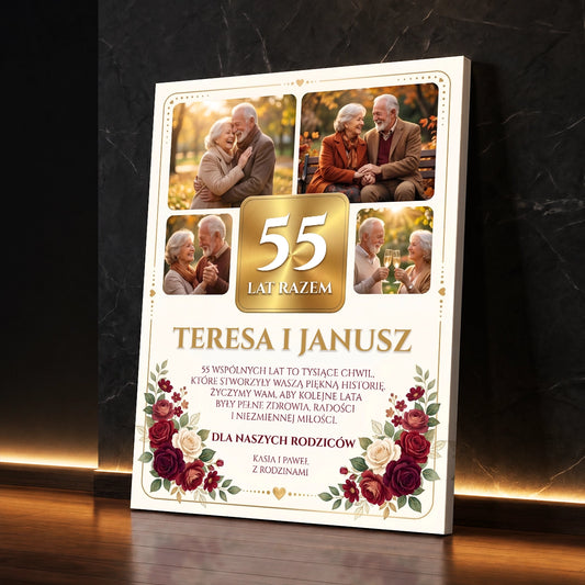 Personalizowany prezent na 55 rocznicę ślubu dla pary - kolaż na płótnie z czterema zdjęciami i liczbą 55