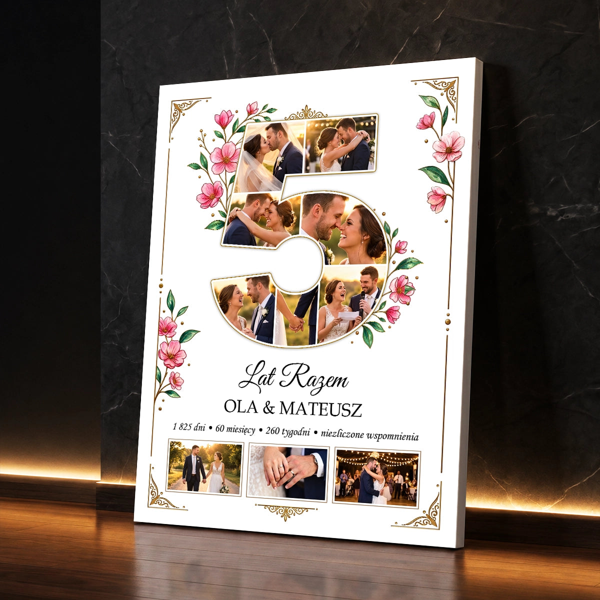 Personalizowany prezent dla pary na rocznicę ślubu - fotokolaż na płótnie w kształcie liczby ze zdjęciami ślubnymi