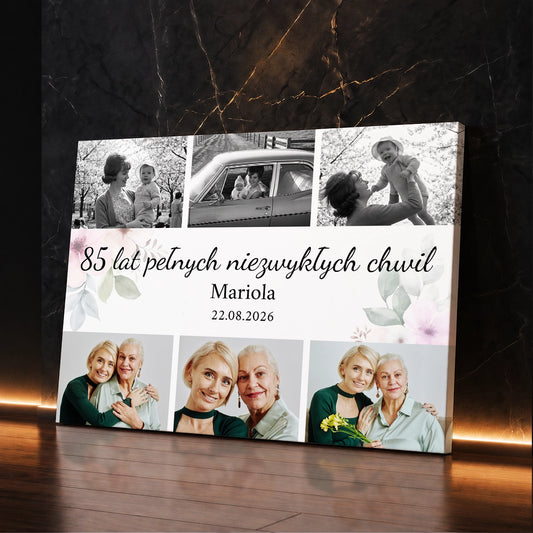 Personalizowany prezent dla babci na 85. urodziny - kolaż na płótnie przedstawiający zdjęcia z dzieciństwa i dnia dzisiejszego