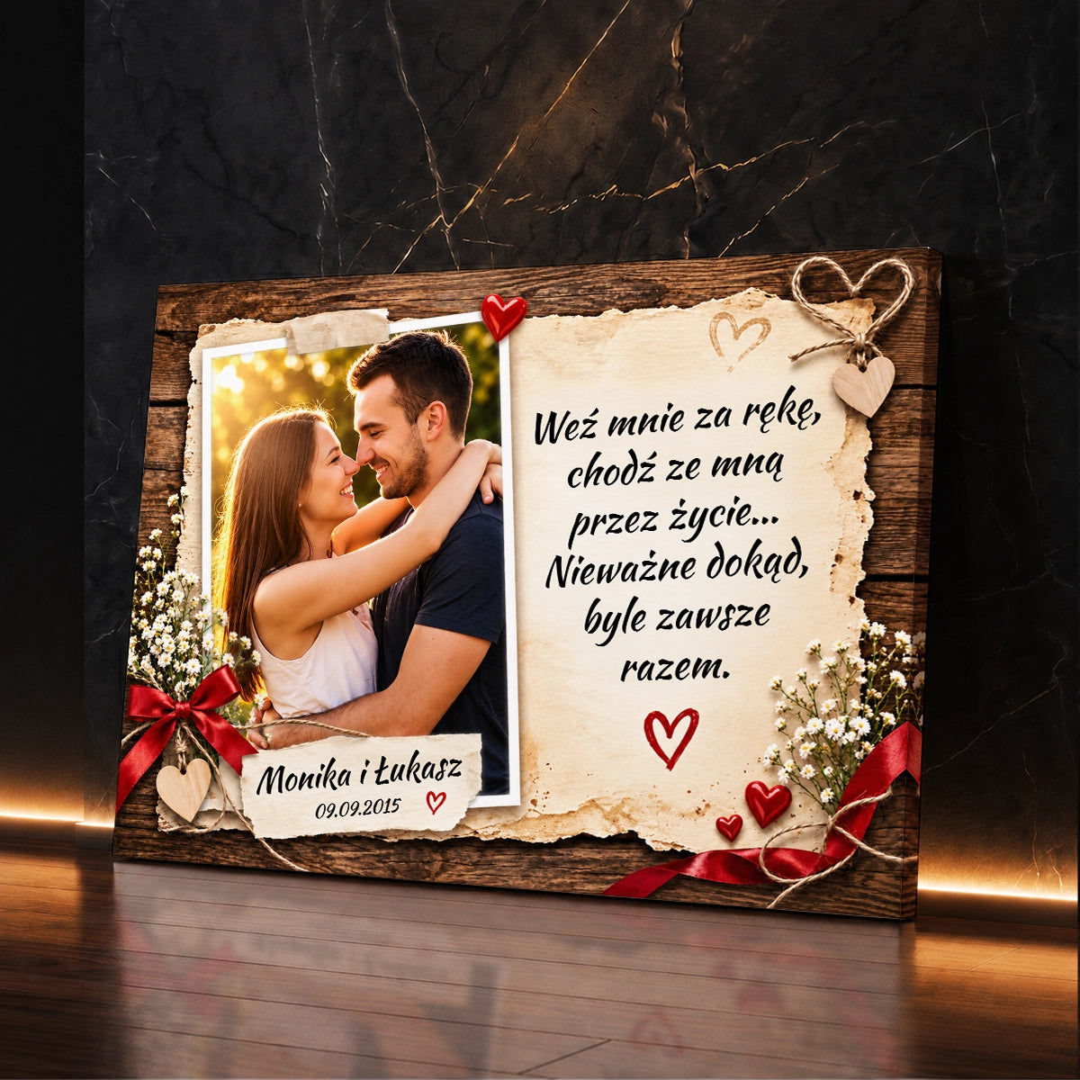 Personalizowany prezent na rocznicę dla pary - zdjęcie na płótnie z wspólną fotografią i romantycznym tekstem