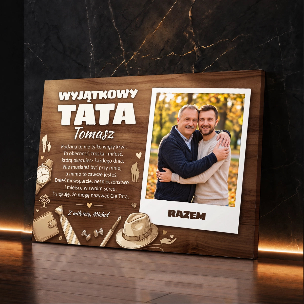 Personalizowany prezent dla taty na Dzień Ojca - zdjęcie z tatą na płótnie z podziękowaniem