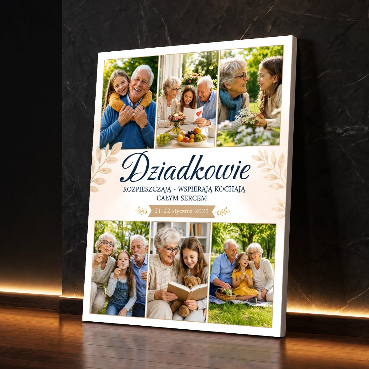 Personalizowany prezent dla dziadków na Dzień Babci i Dziadka od wnuków - zdjęcie na płótnie przedstawiające dziadków z wnukami