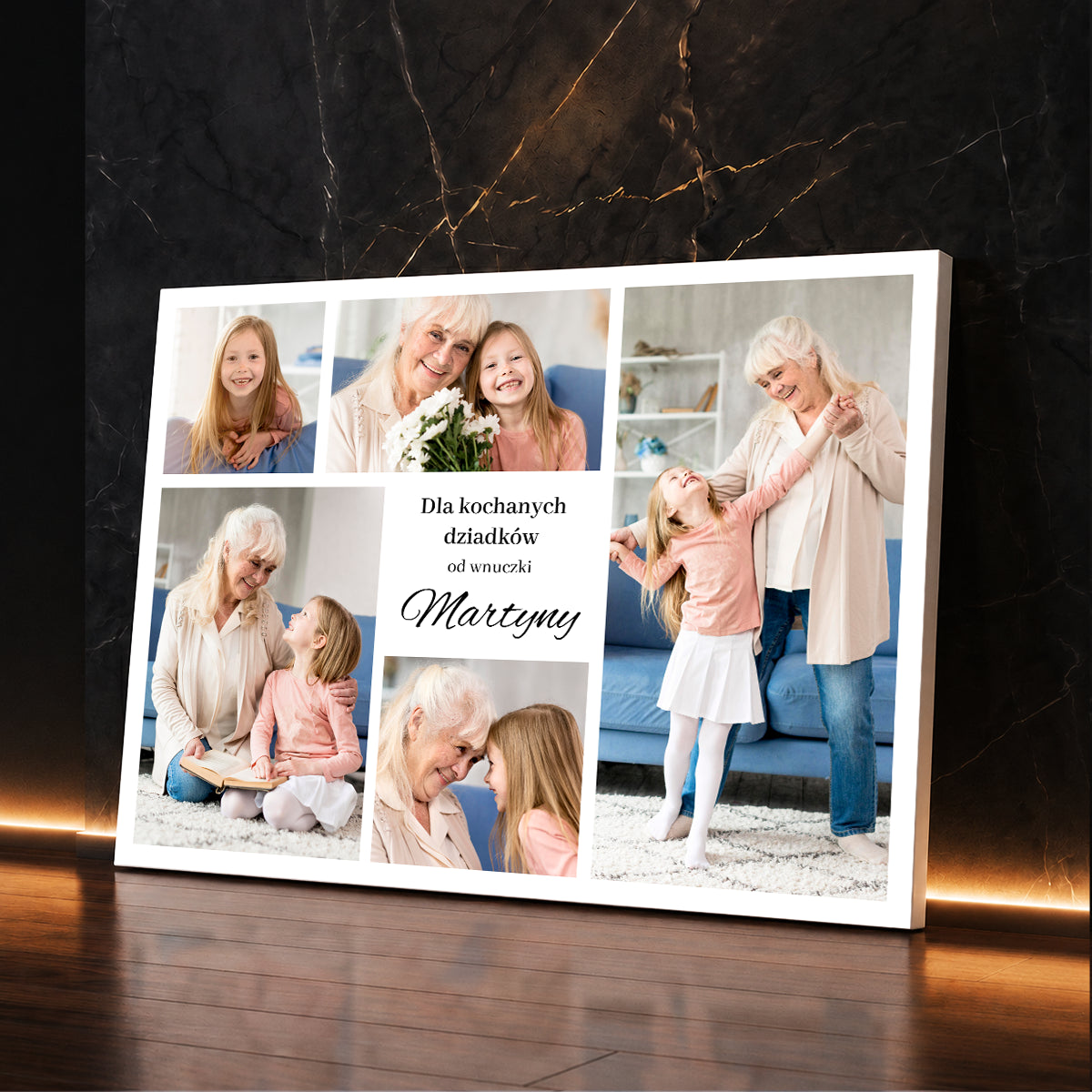 Personalizowany prezent dla dziadków od wnuczki - fotokolaż na płótnie ze zdjęciami rodzinnymi i dedykacją Dla kochanych dziadków