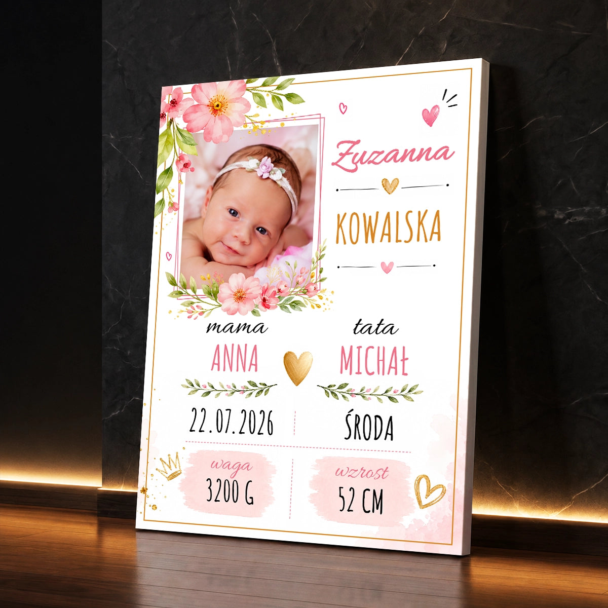 Personalizowane zdjęcie na płótnie – metryczka dziewczynki z imionami rodziców, wagą i wzrostem