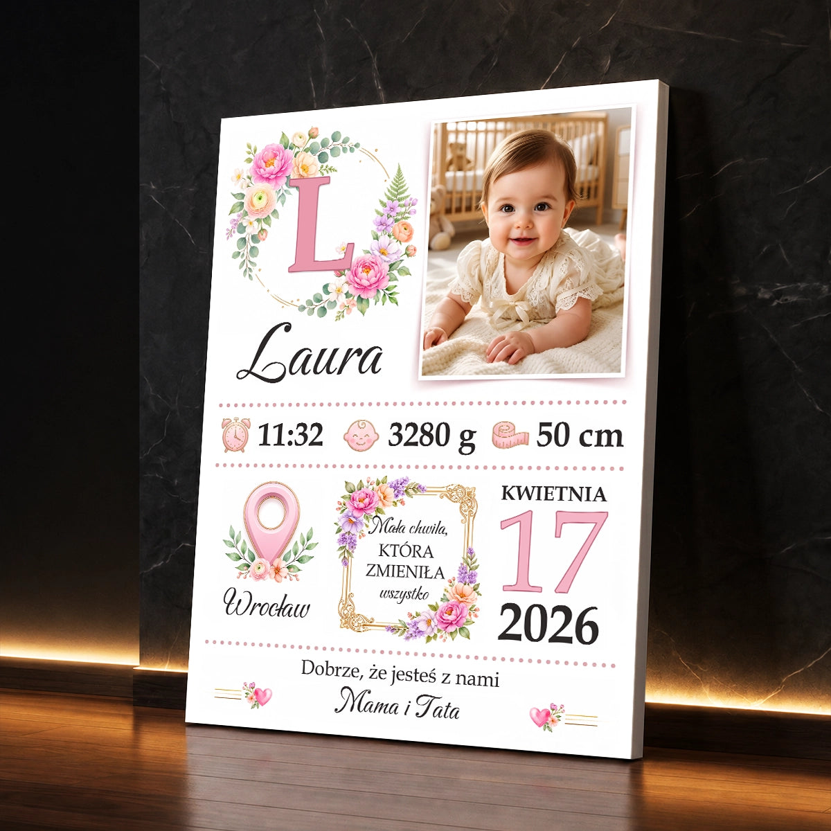 Personalizowany prezent na narodziny - metryczka na płótnie ze zdjęciem dziecka, godziną, wagą, wzrostem, imieniem i datą urodzenia
