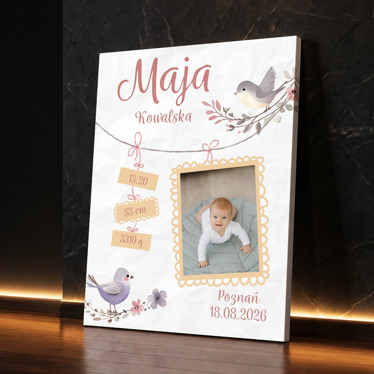 Personalizowany prezent na narodziny dziecka - zdjęcie na płótnie przedstawiające noworodka z metryczką