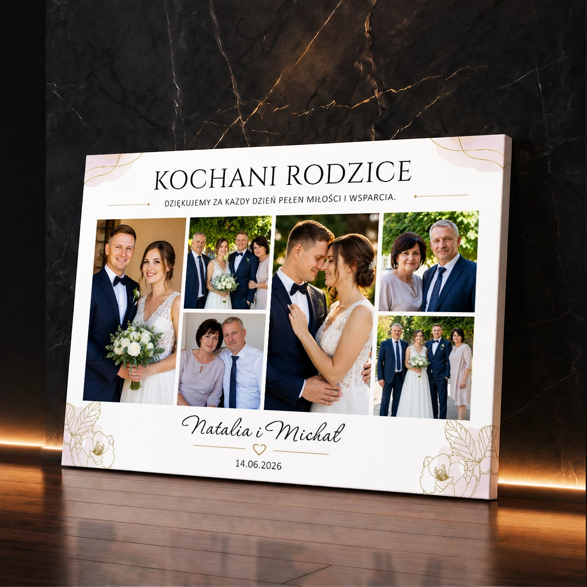 Personalizowany prezent dla rodziców na ślub od dzieci – kolaż na płótnie przedstawiający wspólne zdjęcia ślubne