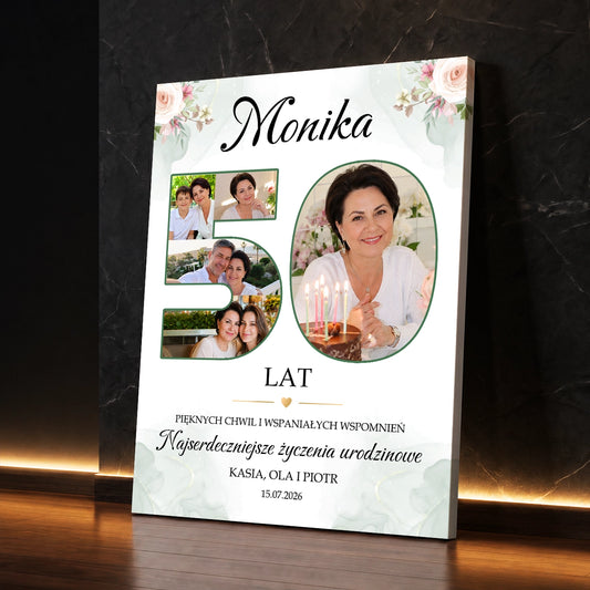 Personalizowany fotokolaż na płótnie na 50 urodziny – zdjęcia, imię i życzenia od rodziny