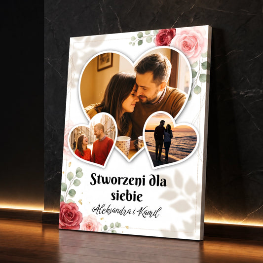 Personalizowany prezent na rocznicę dla pary - kolaż na płótnie z trzema zdjęciami w kształcie serc