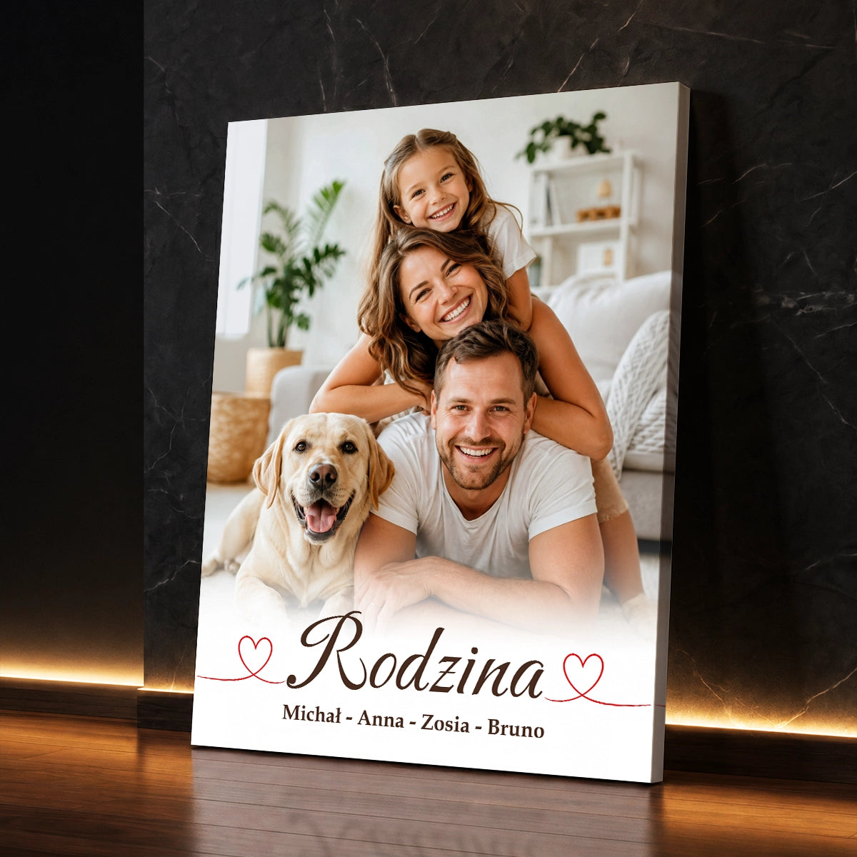 Personalizowany prezent dla rodziny - zdjęcie na płótnie z fotografią rodzinną i napisem Rodzina