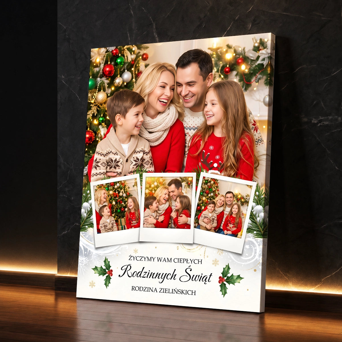 Personalizowany prezent dla rodziny na święta - kolaż na płótnie z dużym wspólnym zdjęciem i trzema mniejszymi kadrami