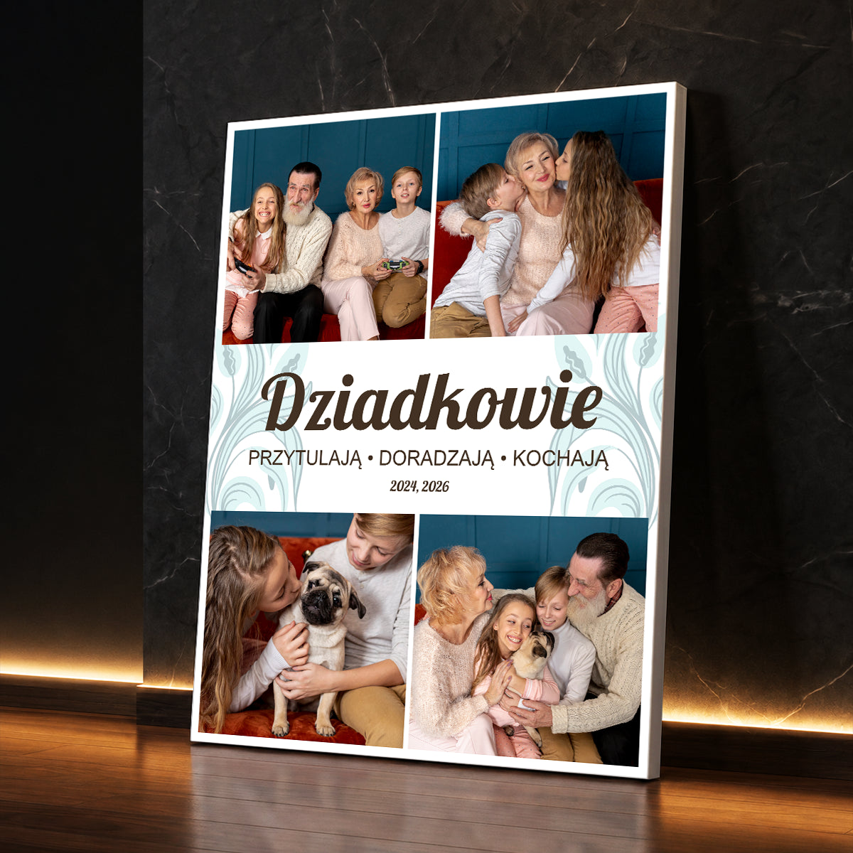 Personalizowany prezent dla dziadków na Dzień Babci i Dziadka od wnuków - zdjęcie na płótnie przedstawiające dziadków z wnuczętami