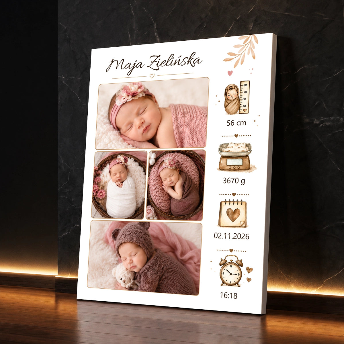 Personalizowany fotokolaż na płótnie z metryczką dziecka – zdjęcia noworodka, imię, wzrost, waga i data urodzin