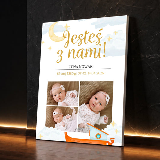 Personalizowany prezent na narodziny dziecka - kolaż na płótnie przedstawiający noworodka z metryczką