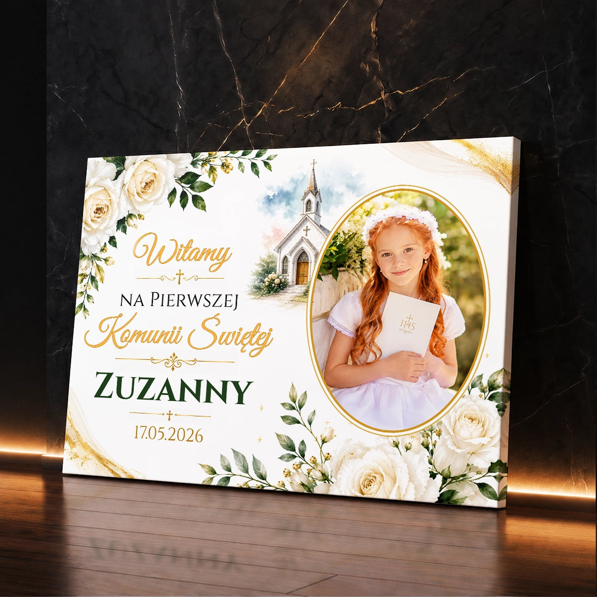 Personalizowane zdjęcie na płótnie na Pierwszą Komunię Świętą z własnym zdjęciem dziecka i napisem
