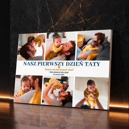 Oryginalny prezent na Pierwszy Dzień Ojca — kolaż ze zdjęć na płótnie Razem od Pierwszych Chwil