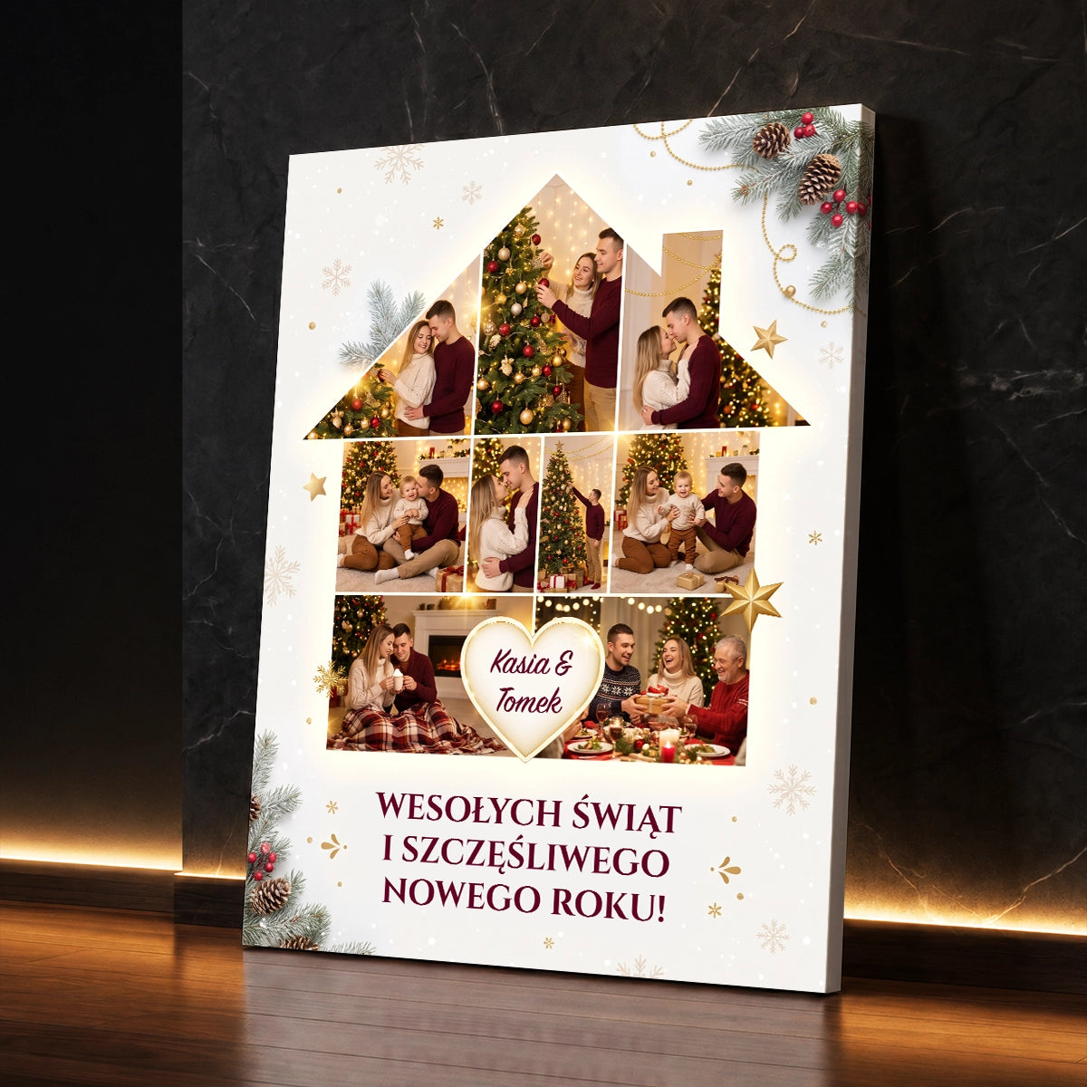 Personalizowany prezent na święta dla rodziny - fotokolaż na płótnie w kształcie domu ze świątecznymi zdjęciami rodzinnymi