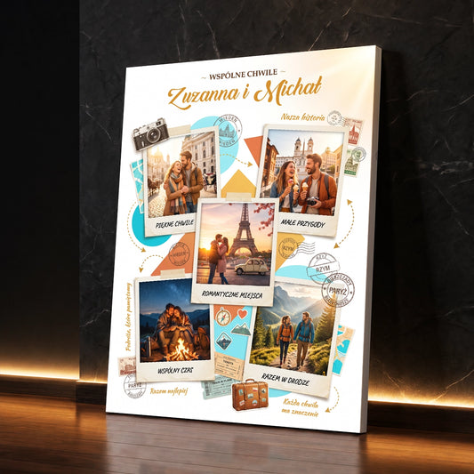 Personalizowany prezent dla pary - fotokolaż na płótnie ze wspólnymi zdjęciami z podróży