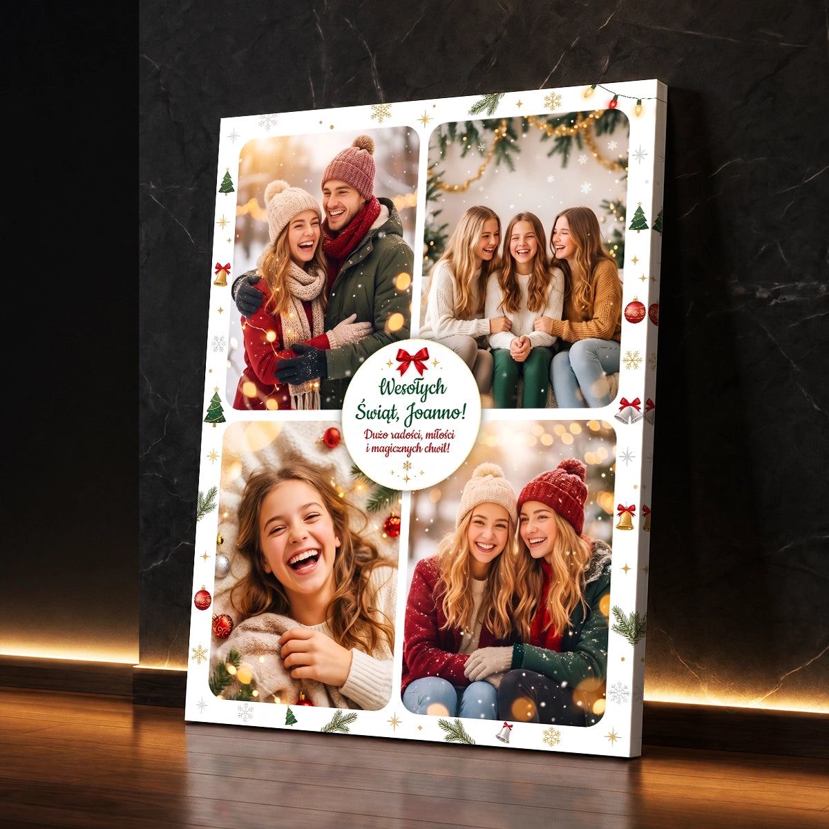 Personalizowany prezent świąteczny dla przyjaciółki - fotokolaż na płótnie ze wspólnymi zimowymi zdjęciami i życzeniami