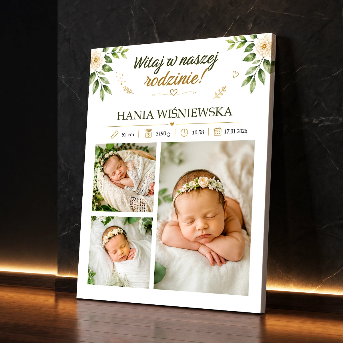 Personalizowany fotokolaż na płótnie z metryczką dziewczynki – zdjęcia noworodka, wzrost, waga i data narodzin