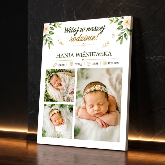 Personalizowany fotokolaż na płótnie z metryczką dziewczynki – zdjęcia noworodka, wzrost, waga i data narodzin
