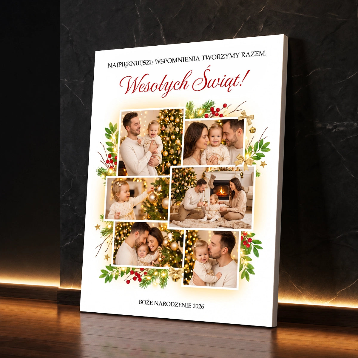 Personalizowany prezent na gwiazdkę dla rodziny - fotokolaż na płótnie ze świątecznymi zdjęciami rodzinnymi