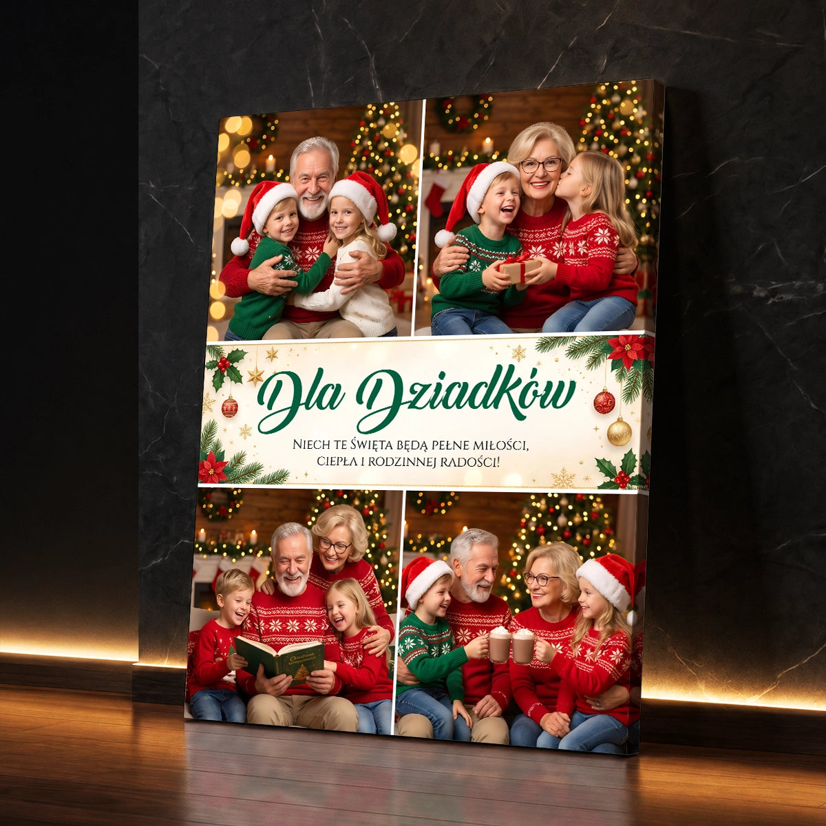 Personalizowany prezent dla dziadków na święta - kolaż na płótnie z czterema zdjęciami i napisem Dla Dziadków