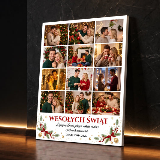 Personalizowany prezent dla pary na święta - kolaż na płótnie z dwunastoma zdjęciami i świątecznymi życzeniami