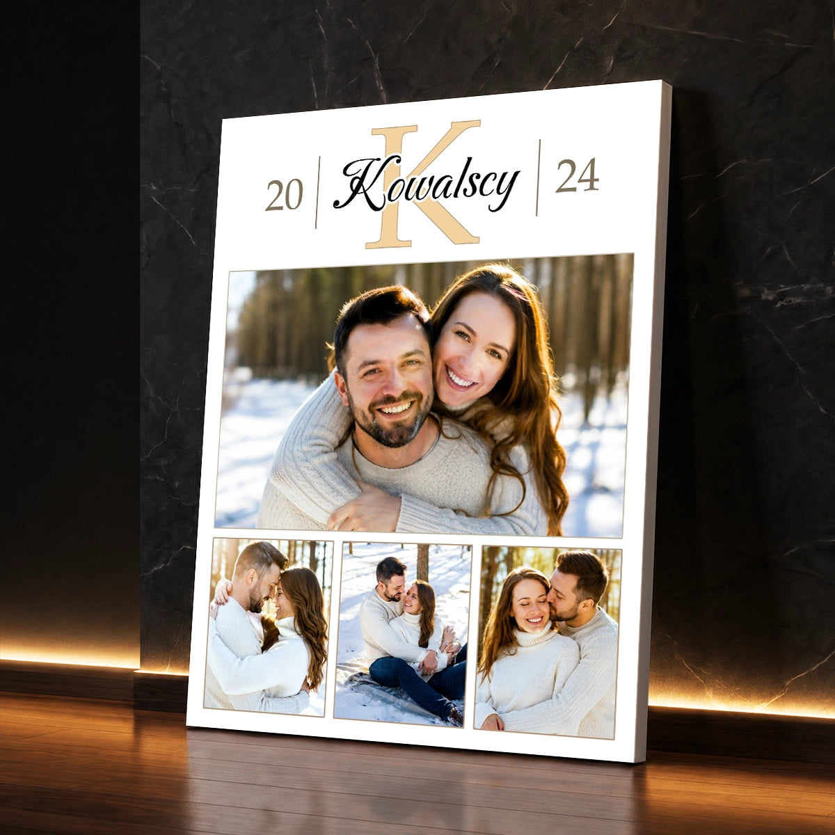 Personalizowany prezent dla pary na ślub - kolaż na płótnie przedstawiający parę z nazwiskiem i rokiem ślubu