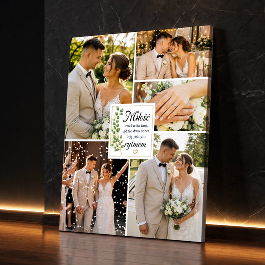 Personalizowany fotokolaż na płótnie dla pary z własnych zdjęć i romantycznym cytatem – prezent ślubny lub rocznicowy