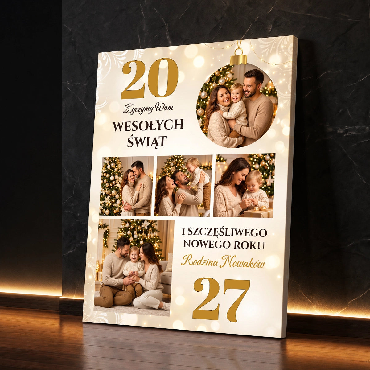Personalizowany prezent świąteczny dla rodziców - fotokolaż na płótnie ze świątecznymi zdjęciami i ciepłymi życzeniami
