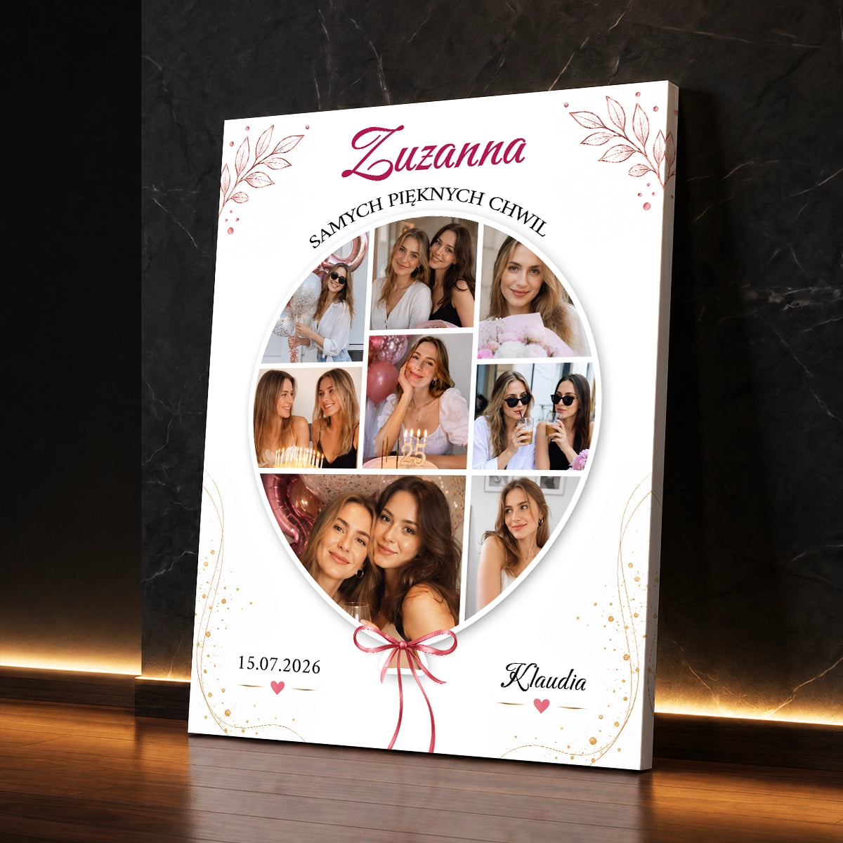 Personalizowany fotokolaż na płótnie w kształcie balonika – zdjęcia i życzenia urodzinowe od przyjaciółki