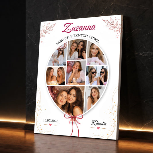 Personalizowany fotokolaż na płótnie w kształcie balonika – zdjęcia i życzenia urodzinowe od przyjaciółki