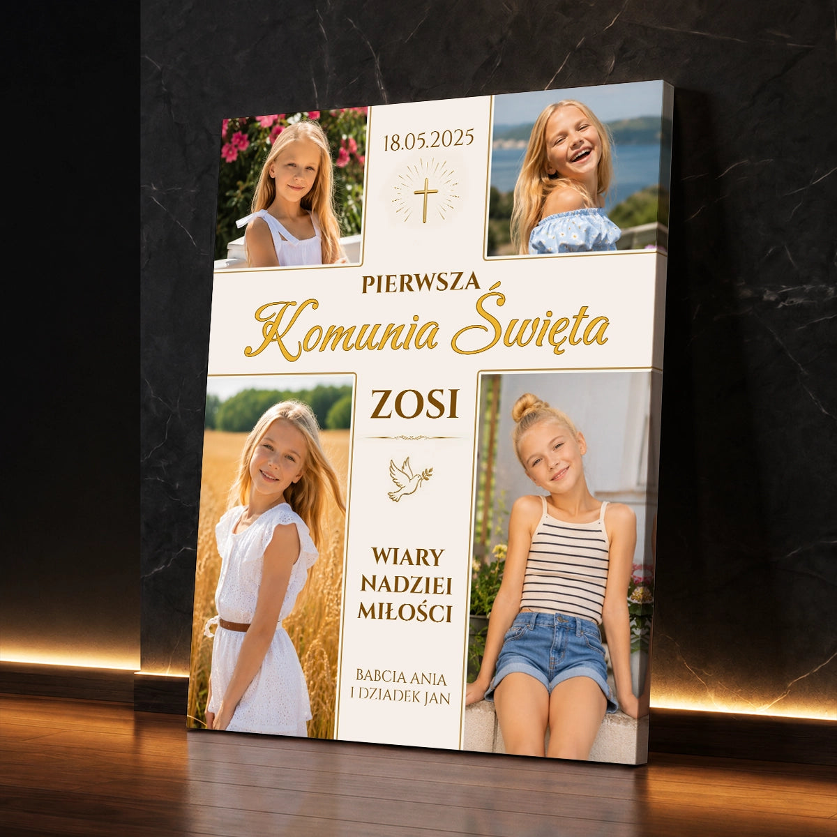 Personalizowany kolaż na płótnie z 4 zdjęć na Pierwszą Komunię Świętą z imieniem, datą i dedykacją od babci i dziadka