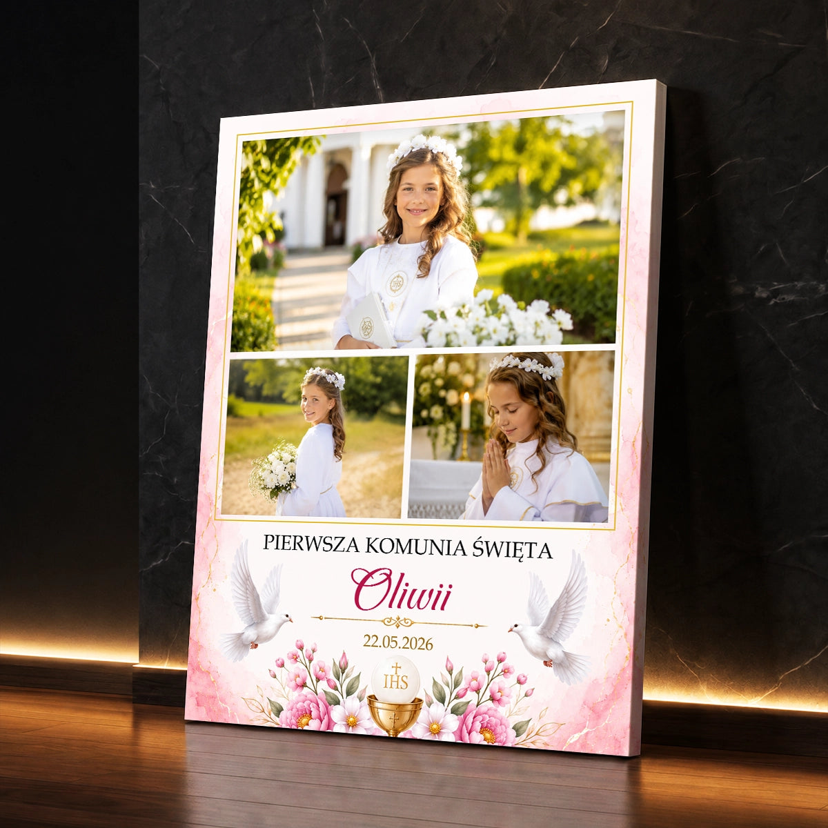 Personalizowany kolaż na płótnie na Pierwszą Komunię Świętą z 3 zdjęciami, imieniem i datą uroczystości.