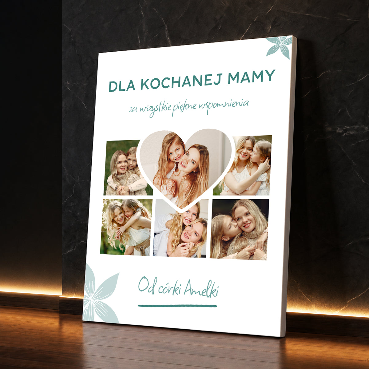 Personalizowany prezent dla mamy na urodziny od dziecka – kolaż na płótnie z sześcioma zdjęciami i własną dedykacją