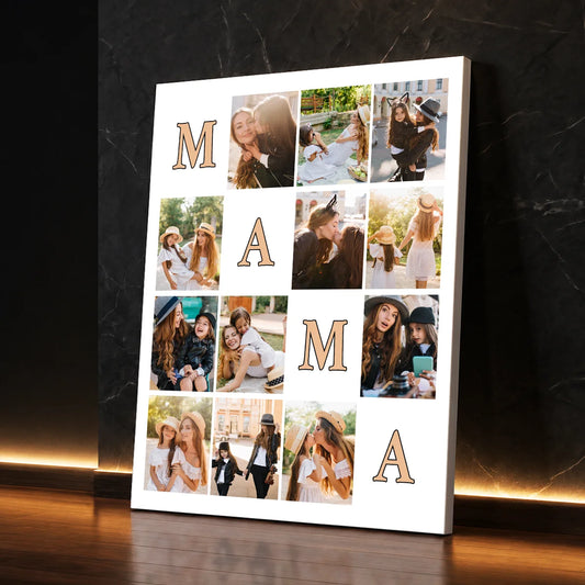 Personalizowany prezent dla mamy na Dzień Matki od dziecka – kolaż na płótnie ze zdjęciami wplecionymi w litery MAMA