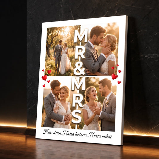 Personalizowany prezent dla pary - fotokolaż na płótnie z dwoma zdjęciami ślubnymi i napisem Mr & Mrs